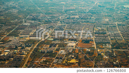 Beijing, China. View From Airplane Window On Multi-story Buildings Of Changhe Garden District In Beijing. Aerial View On Suburb. High-rise Houses Elevated View Cityscape Skyline. Urban Residential 126766808