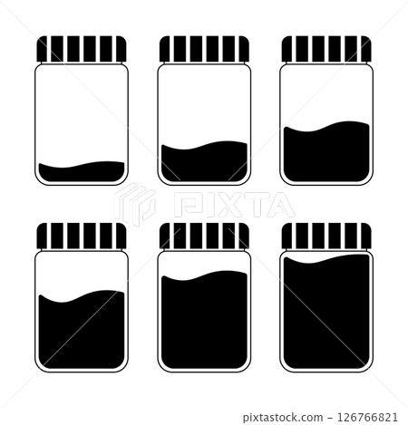 Jar Liquid Level Icons Set Vector Illustration. A black and white vector illustration showing six jars with striped lids, each representing different liquid fill levels. Jar Liquid Level Icons Set Vector Illustration. A black and white vector illustration showing six jars with striped lids, each representing different liquid fill levels. 126766821