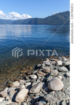 Vertical photo with Siberian landscape featuring Teletskoye lake coast Vertical photo with Siberian landscape featuring Teletskoye lake coast 126766851