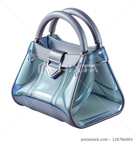 Transparent blue handbag, trendy see-through clutch with glossy texture, fashion accessory isolated on transparent background, modern minimalistic design 126766965