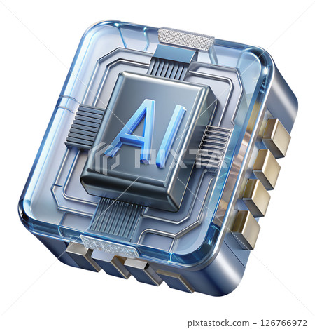 Futuristic ai processor chip, glowing circuits, holographic tech, cyberpunk-style semiconductor, isolated on transparent background, computing innovation 126766972