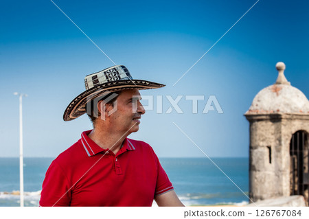 Male tourist wearing a sombrero vueltiao in Cartagena. Colombian people. Travel concept. 126767084