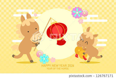 Chinese new year of the horse 2026 greeting card vector template with parent and child 126767171