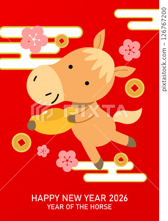 Cute zodiac horse holding a gold sycee ingot with lucky coins background 126767200