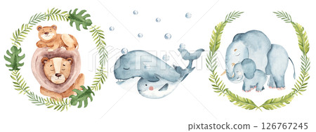 Wild animals families compositions set. Cute elephant, lion in tropical leaves wreaths. Whale baby and adult in water bubbles. Watercolor hand drawn illustrations isolated on white background. For kid 126767245