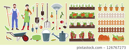 Cartoon Color Characters People Farmers Stickers Concept Flat Design Style Include of Vegetable, Pitchfork and Fence. Vector illustration Cartoon Color Characters People Farmers Stickers Concept Flat Design Style Include of Vegetable, Pitchfork and Fence. Vector illustration 126767273