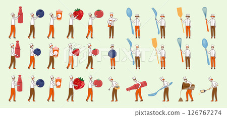 Cartoon Color Tiny Characters Holding Kitchen Appliances and Food Products Concept Front and Side View .Vector illustration 126767274