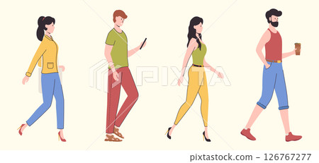 Cartoon Color Characters People Walking Alone Set Concept Flat Design Style with Elements Thin Line.. Vector illustration of Walk Woman and Man 126767277