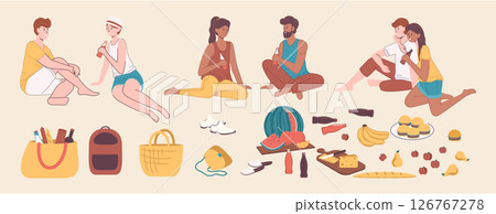 Cartoon Color Different Characters People Friends Set for Seashore Recreation Concept. Vector illustration 126767278