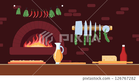 Cartoon Color Pizza Cooking Area Interior Inside Concept Flat Design Style. Vector illustration of Brick Oven Pizzeria Cartoon Color Pizza Cooking Area Interior Inside Concept Flat Design Style. Vector illustration of Brick Oven Pizzeria 126767282
