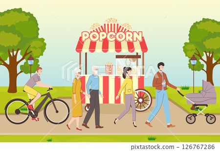 Cartoon Color Popcorn Street Food Cart without a Seller in Park Concept Landscape Scene Flat Design Style. Vector illustration 126767286