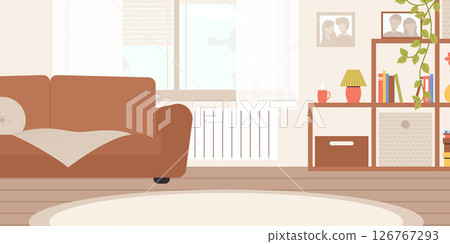 Cartoon Color Living Room with Window, Shelving, Sofa and Carpet Interior Inside Concept Flat Design Style . Vector illustration 126767293