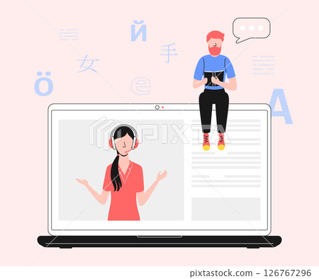 Cartoon Color Characters People and Language Learning Online Course Concept Flat Design Style and Line Elements. Vector illustration 126767296