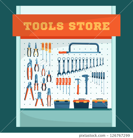 Cartoon Color Showcase of Tool Store Assortment of Instrument and Tools Concept Flat Design Style. Vector illustration Cartoon Color Showcase of Tool Store Assortment of Instrument and Tools Concept Flat Design Style. Vector illustration 126767299