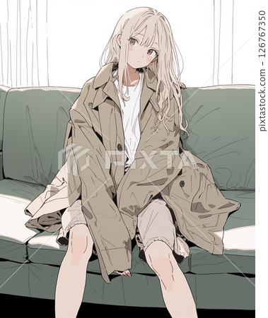 坐在沙發上的有點疲憊的女孩 - 插圖“AI 生成的圖像” 126767350