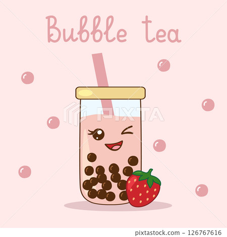 Kawaii style strawberry bubble tea, also known as boba, served in a glass jar, with lettering 126767616