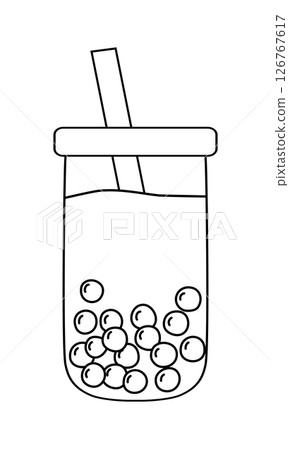 Bubble tea showing boba pearls and straw in rounded glass tumbler, vector outline for coloring book 126767617