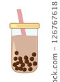 Bubble tea showing boba pearls and pink straw in rounded glass tumbler, vector 126767618
