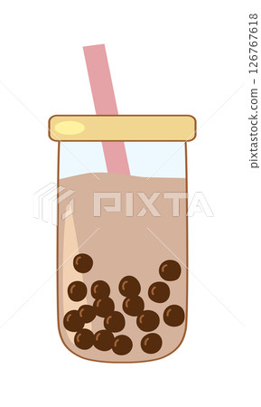 Bubble tea showing boba pearls and pink straw in rounded glass tumbler, vector 126767618