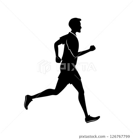 Silhouette of young caucasian male running midstride on white background 126767799