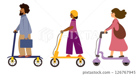 Set of family on electric scooters. People set riding electric scooters. 126767945