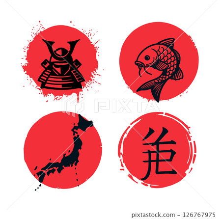 Traditional Japanese symbols with red sun circles featuring samurai helmet koi fish map and kanji 126767975