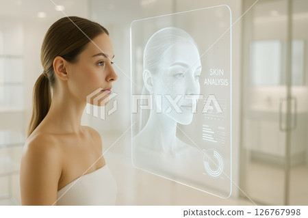 Woman using digital screen for futuristic facial skin analysis in a clean, modern dermatology clinic Woman using digital screen for futuristic facial skin analysis in a clean, modern dermatology clinic 126767998