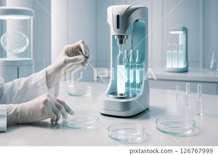 Scientist working with high-tech skincare lab equipment and ampoules in a clean, futuristic laboratory setting Scientist working with high-tech skincare lab equipment and ampoules in a clean, futuristic laboratory setting 126767999