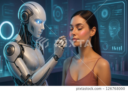 Futuristic robot applying digital makeup to woman face in glowing high tech beauty lab with neon holograms Futuristic robot applying digital makeup to woman face in glowing high tech beauty lab with neon holograms 126768000