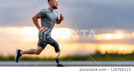 Male Amputee Athlete Running with Prosthetic Leg at Sunrise 126768115