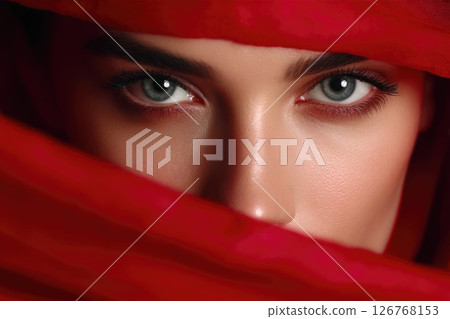 Intense Eyes of Woman Behind Red Veil Intense Eyes of Woman Behind Red Veil 126768153