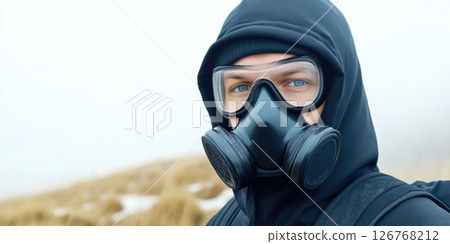 Man in Gas Mask in Nature Apocalypse Scene Man in Gas Mask in Nature Apocalypse Scene 126768212