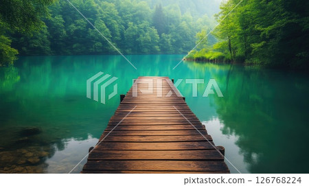 Tranquil lake with wooden walkway view 126768224