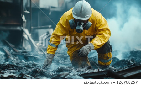 Fire Aftermath Worker in Safety Suit 126768257