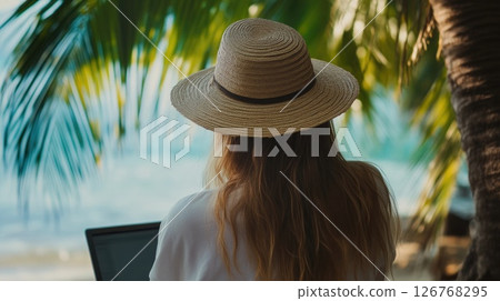 Remote Work Paradise, Female Professional on Tropical Beach 126768295