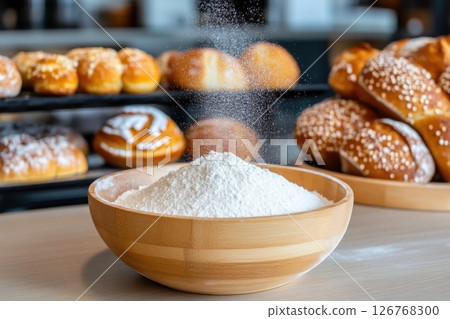 Artisan Breads Background with Flour Preparation Foreground 126768300