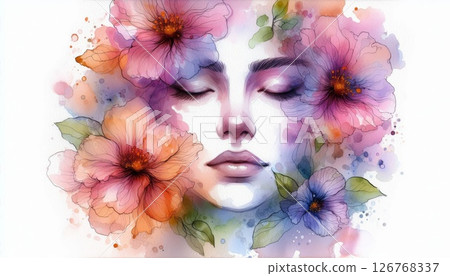 Soft petals float around a dreamy face, painted in a vivid watercolor mix, full of grace and quiet emotion Soft petals float around a dreamy face, painted in a vivid watercolor mix, full of grace and quiet emotion 126768337