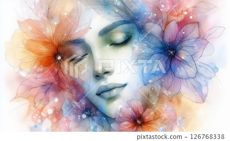 A delicate face immersed in glowing, translucent petals with bold watercolor hues, evoking a calm and tender feeling 126768338