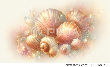 Translucent seashells in shimmering watercolor tones of gold, blush pink, and beige, softly glowing on a pale backdrop, creating an elegant and dreamy atmosphere Translucent seashells in shimmering watercolor tones of gold, blush pink, and beige, softly glowing on a pale backdrop, creating an elegant and dreamy atmosphere 126768340