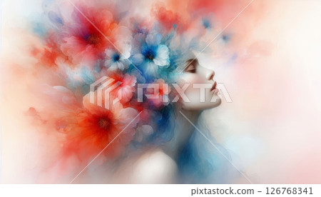 Soft female portrait dissolving into translucent watercolor flowers in vibrant coral, blue, red, and orange tones, evoking an ethereal and emotional atmosphere 126768341