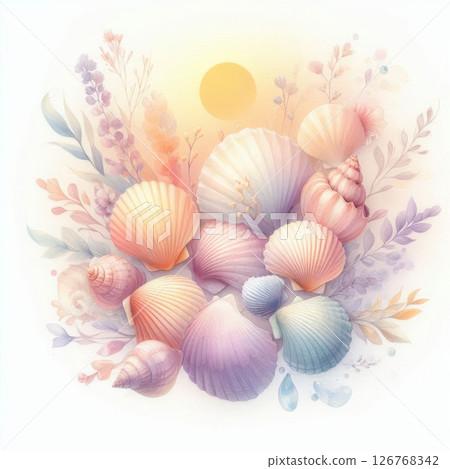 Translucent seashells in soft sunrise hues of peach, yellow, lavender, and blue, floating in a light watercolor composition Translucent seashells in soft sunrise hues of peach, yellow, lavender, and blue, floating in a light watercolor composition 126768342