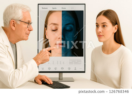 High tech UV skin analysis results displayed on screen in minimal aesthetic clinic, modern facial diagnostic system 126768346