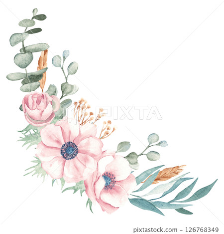 Anemone Corner Bouquets with Eucalyptus Branches, Dry yellow Tansy and Spikelets of Wheat or Rye. Watercolor Hand drawn floral compositions isolated on a background. For greeting birthday cards Anemone Corner Bouquets with Eucalyptus Branches, Dry yellow Tansy and Spikelets of Wheat or Rye. Watercolor Hand drawn floral compositions isolated on a background. For greeting birthday cards 126768349