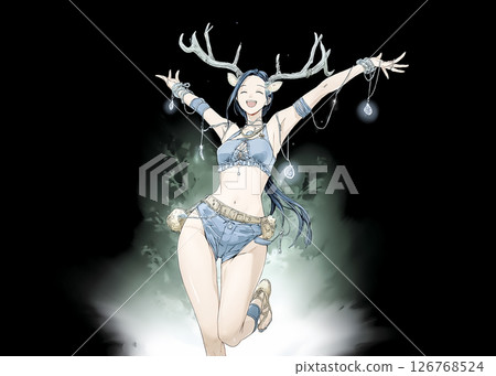 夜晚穿過森林的快樂鹿仙女的插圖素材 夜晚穿過森林的快樂鹿仙女的插圖素材 126768524