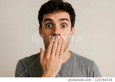 Surprised Man Covering Face with Hand Gesture Surprised Man Covering Face with Hand Gesture 126768538