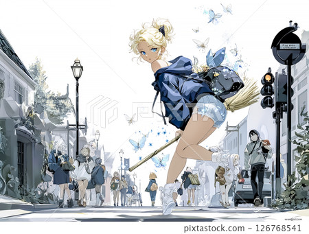 微笑的女巫拿著魔法掃帚穿過人行道的插圖素材 126768541