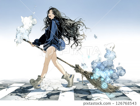 Illustration material of a smiling witch holding a magic broom and crossing the crosswalk 126768543