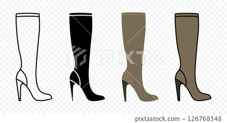 Womens High Heel Boots Icon Set. Outline, Silhouette, Flat and Colored Style Fashion Shoes Collection for Autumn and Winter, Stylish Female Footwear Design. Vector Illustration 126768548