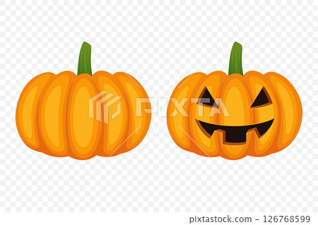 Vector Cartoon Pumpkins Collection with Carved Faces. Flat Colorful Pumpkin Stickers Set. Design Templates for Halloween, Fall, Harvest. Cute and Fun Simple Pumpkin Illustrations 126768599