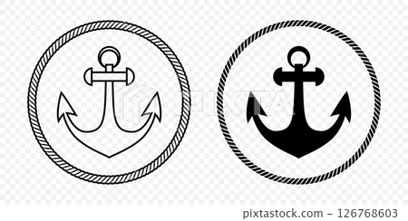 Black and White Anchor Icon Set. Flat Vector Monochrome Anchor Shapes in Circular Rope Frame. Nautical Anchor Symbols, Marine Rope Border Design. Vector Illustration 126768603